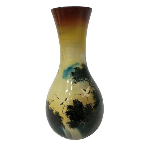 Vintage Large Asian Vase Hand Painted Glazed Black Forest Birds Made In Vietnam